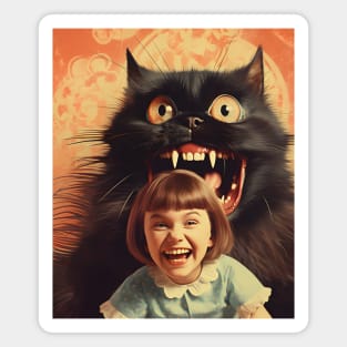 Vintage Little Girl and Creepy Cat - Enchanting Retro Art Magnet
